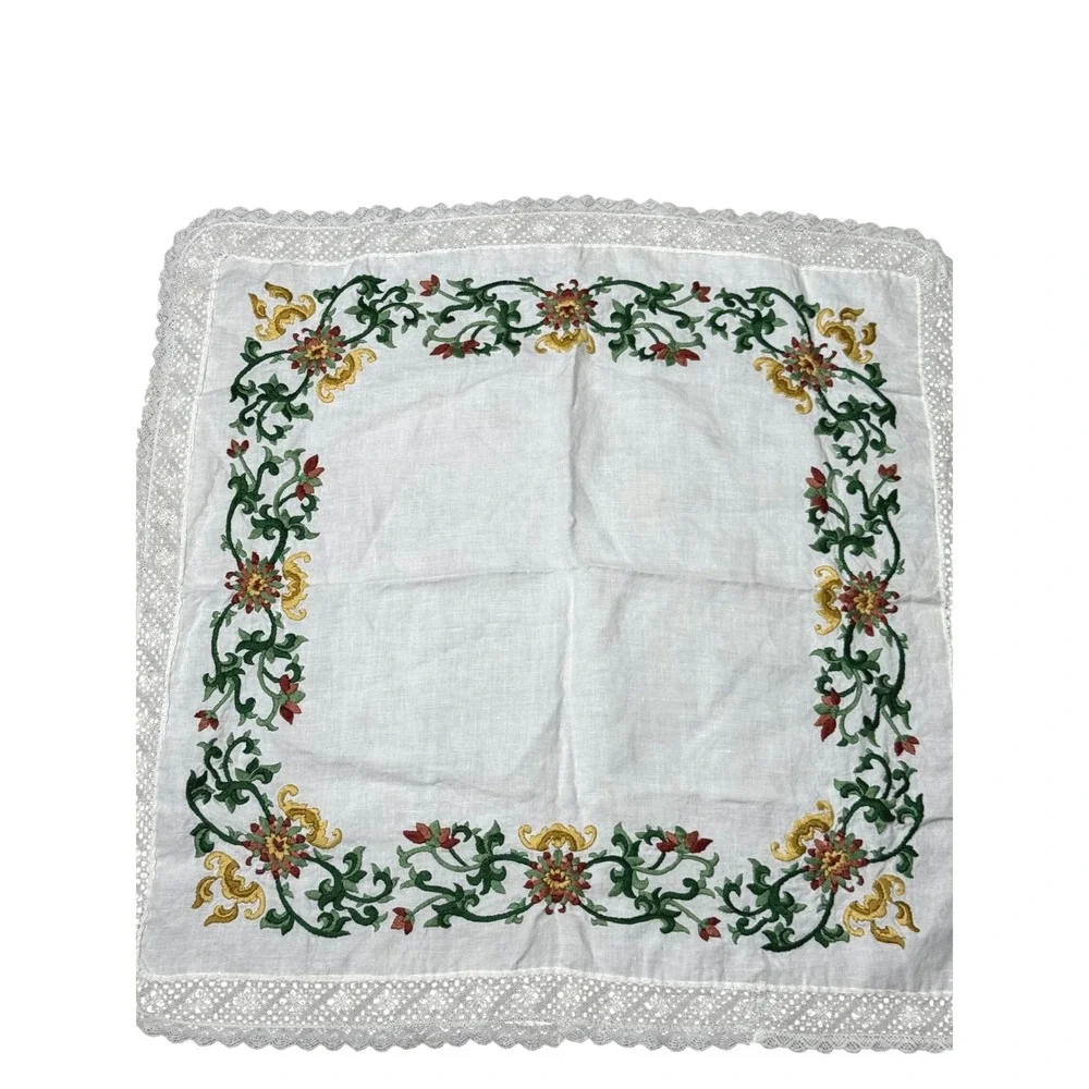 Vintage White Linen Embroidered Floral Lace Trim Square Tablecloth 28x28